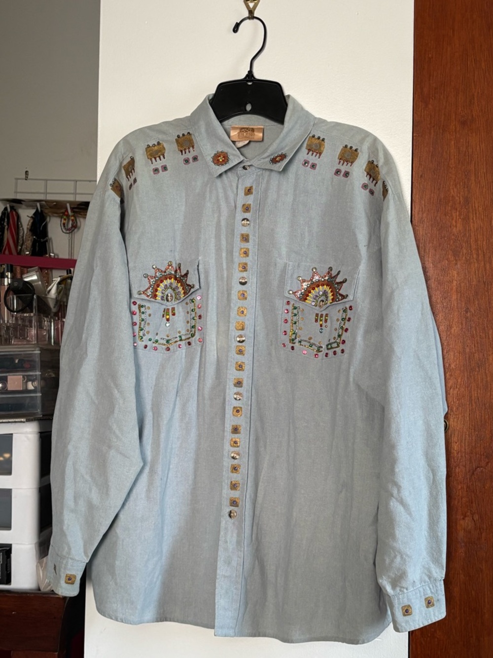 vintage Myo Piñon hand-painted and embellished chambray Western shirt